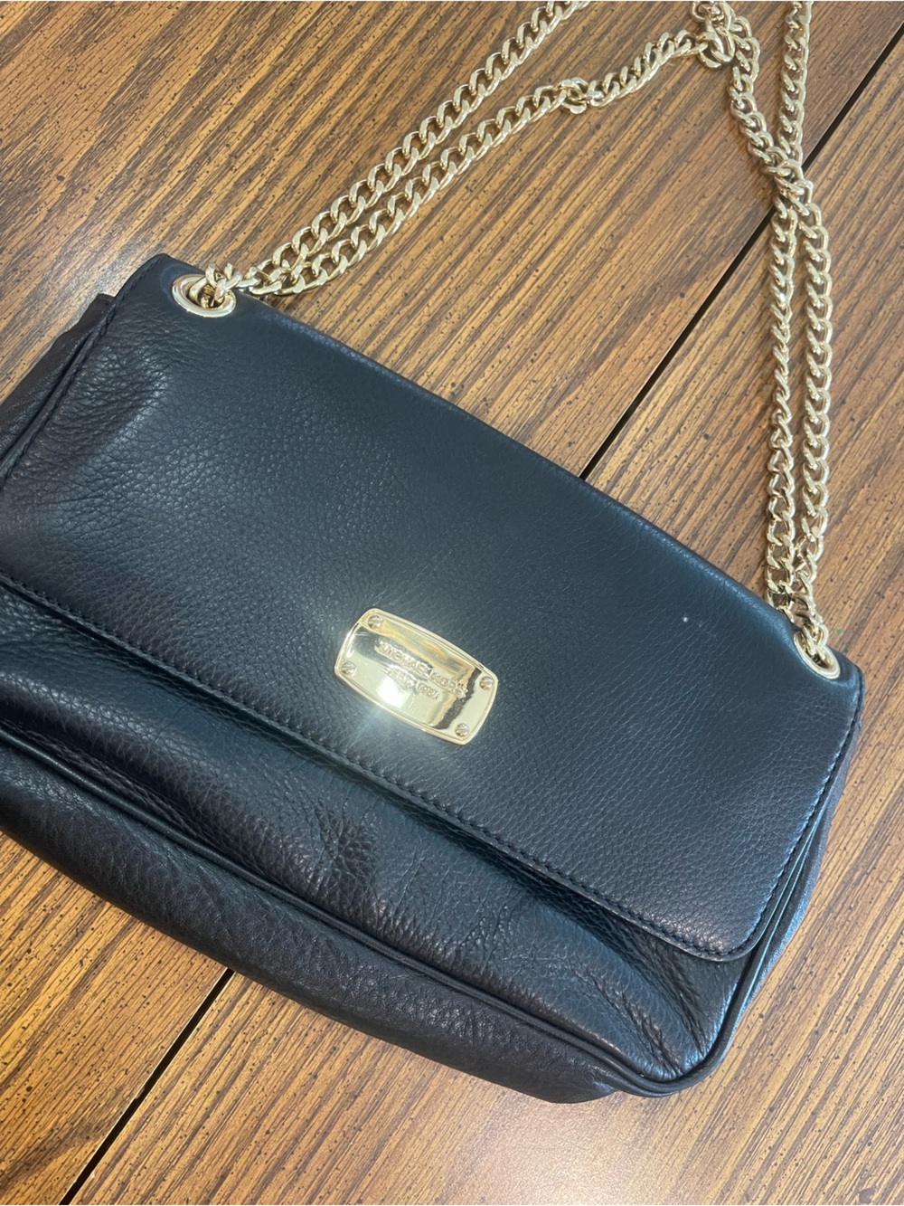Michael Kors Black Leather Shoulder Bag with Gold Chain